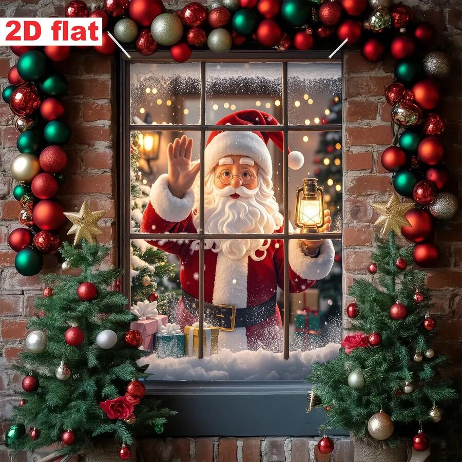 [Spanduk Pesta] 1 buah, Bahan Poliester, Spanduk Dekorasi Jendela Santa Claus, Pohon Natal, Hadiah, Desain Kepingan Salju untuk Natal - Santa Claus akan datang - View 1