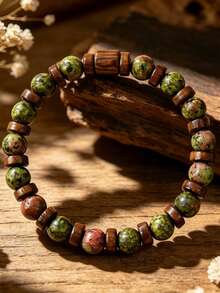 Natural Dragon Blood Stone Wooden Bead Wealth Bracelet, Handmade Elastic Bracelet, Prosperity And Good Fortune, Comfortable Elastic Bracelet For Men And Women, Fashionable Jewelry For Daily Wear, Ideal Gift For Office, Party, Birthday, Anniversary, Valentine's Day, Father's Day And All Special Occasions - Multicolor - View 2