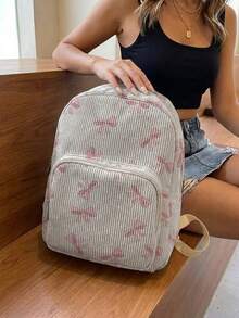 1 Piece Backpack, Women's Mini Backpack, Corduroy Girl School Bag, Travel Storage Bag, Bow Printed Design, Large‑Capacity Foldable Easy‑To‑Store Bag, Lightweight & Pressure‑Relieving, Multi‑Pocket Layered Design With Zipper Closure - Pink Bow 22650 - View 4