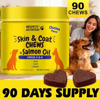 MEGNETA [90 Days Supply] Omega 3 Dog Chews, 90 Count - Skin And Coat Supplement With Probiotics For Itchy Relief | Dogs Ear, Skin & Coat Care, All Ages Suitable