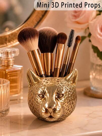 Gold & Silver Leopard Print Makeup Brush Holder, Animal Head Shaped Cosmetic Storage Cup, Exquisite Vanity Organizer, Suitable For Makeup Brushes, Eyebrow Pencils, Lip Gloss, Etc., Bedroom, Makeup Salon, Bathroom Countertop Decoration, Makeup Tool Storage, Women's Gift
