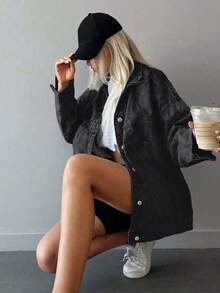 GILIPUR Women's Loose Washed Black Denim Jacket, Lapel Long Sleeve Button Front Loose Fit Streetwear Denim Coat With Pockets - Black - View 6