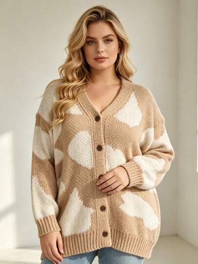 Plus Size Women Cow Print Chunky Knit Cardigan Khaki & White Spotted Sweater Button Front Loose Coat Autumn Winter