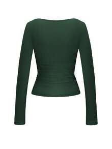 GLAMSKIN 女款條紋性感修身長袖針織上衣，純色方領基礎 T-shirt，適合秋季出遊、日常休閒街頭穿搭、返校季 - 墨綠色 - 查看 4