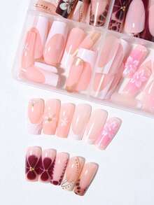 24 Pcs 3D Stereoscopic Gel Nails, Can Create Flower Nail Art, Decorated With Imitation Pearls, Square French Tips, Rectangular Perfect Fit Acrylic False Nail Set - Multicolor - View 5