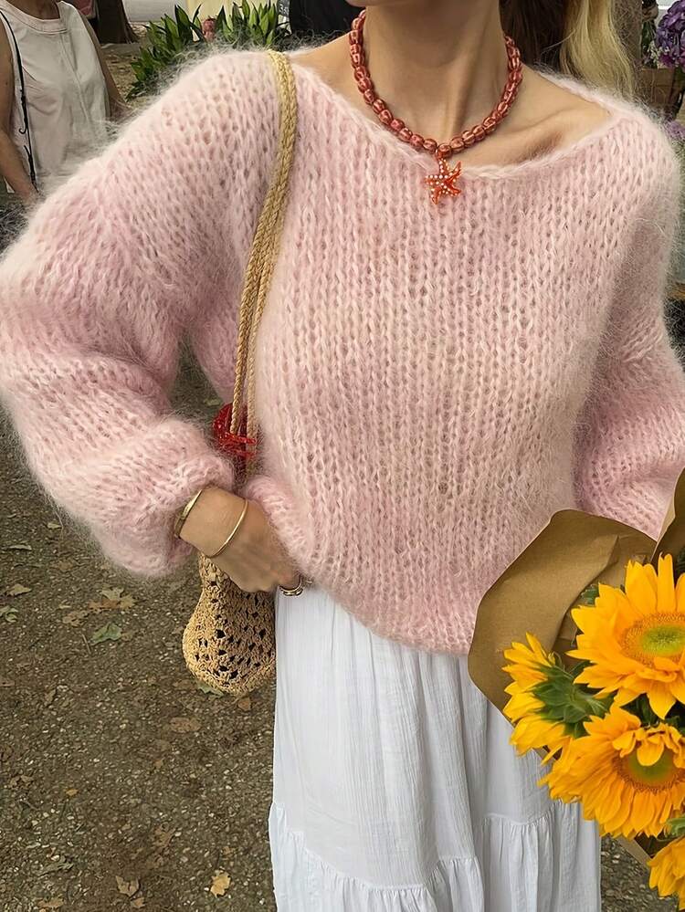 Women's Loose Drop Shoulder Slouchy Off Shoulder Pullover Long Sleeve Chunky Knit Sweater, Soft Pink, Autumn/Winter - Pink - View 1