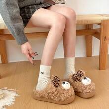 Women's Autumn/Winter 3D Bear Leopard Print Bow Plush Slippers, Cute Thermal Lined Warm Fuzzy House Slippers - Mocha Brown - View 5