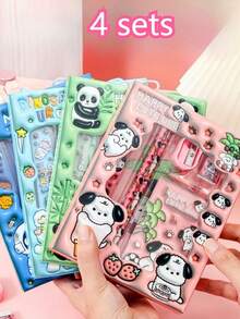 4 Sets/24PCS Panda Rabbit Puppy Astronaut Pattern Cartoon Stationery Set, Student Pencil Set, Includes Pencils, Rulers, Erasers, Sharpeners, Notebooks - Multicolor - View 3