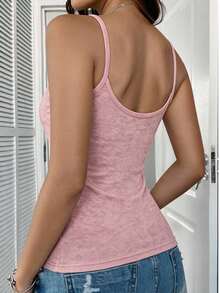 1pc Spring/Summer Large U-Neck Backless Tank Top, 2-In-1 Built-In Cup Pads Camisole, Casual Slim Fit Outerwear/Base Layer Top For Women - Pink - View 5