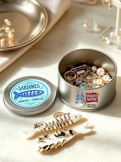 Caixa de Armazenamento de Joias em Metal com Formato de Lata de Sardinha, Estampa de Gato, Divisória de Espinha de Peixe, Fechamento com Clipe, Organizador de Bugigangas, Recipiente, Presentes, Decoração Diária