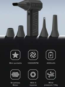 ENSSU Kipas Tiup Jet Mini Genggam Berkekuatan Tinggi, Motor Brushless 105.000 RPM, Blower Udara Portabel dengan Baterai Tanam 2x2000mAh, Dilengkapi 5 Nozel yang Dapat Ditukar, Tekanan Angin 135g untuk Pembersihan Debu dan Aplikasi Berbagai Skenario - MultiWarna - View 6