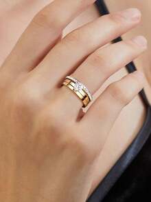 3pcs 18K Gold Plating 304 Stainless Steel Rings Set Minimalist Versatile Design Comprising Stackable With Sparkling Cubic Zirconia Perfect Gift - Heart - View 4