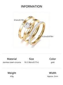 3pcs 18K Gold Plating 304 Stainless Steel Rings Set Minimalist Versatile Design Comprising Stackable With Sparkling Cubic Zirconia Perfect Gift - Heart - View 7