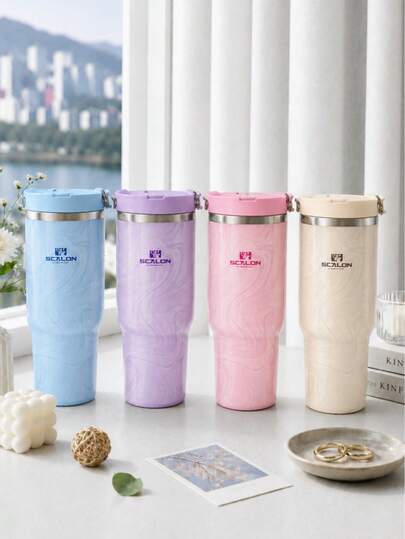 1pc Cute Bow Line Print Ice Bucket Cup With Handle Leak-Proof Stainless Steel Insulated Tumbler Large Capacity Car Water Cup Cold And Hot Dual Use Suitable For Students, Office Workers, Outdoor Travel High-Value Cup Vacuum Flask And Insulated Bottle Insulated Cup, Cold Cup And Mug Cup Party Cup Other Party Tableware Drinkware Set Coffee Cup Flat Bottom Cup Bottle & Jar & Box Vacuum Flask And Insulated Bottle Travel Water Cup Cold And Hot Dual Use Travel Water Cup With Straw Travel Water Cup