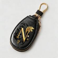 Litchi Pattern Key Bag -Black Gold Letters A-Z Car Key Protection Cover,PU Key Storage Clip,Zipper Bag,Car Key Storage Device,Car Keychain,Unisex Gift - Multicolor - View 17