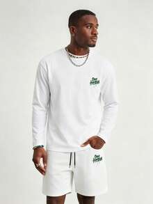 Men's Summer Fashion Letter Green Print Long Sleeve T-Shirt And Shorts 2 Pieces Casual Daily Set - White - View 2