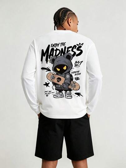 Conjunto de 2 piezas de camiseta de manga larga con estampado de letras y skate & pantalones cortos de moda de verano para hombres, atuendo casual diario