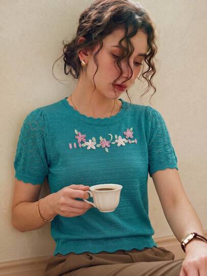 Knit Mix Elegant Women's Fashion Embroidered Knit French Commuter Short Sleeve Hollow Regular Fit Spring/Summer Top, Casual Lady Retro Back To School Spring/Summer , Suitable For Christmas , Thanksgiving And New Year