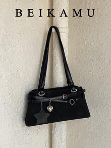Fashion Solid Color PU Versatile Tote Bag, Strap Heart & Star Decor Elegant Women's Shoulder Bag, Suitable For University, Commuting, Shopping, Street Shopping, Daily Use - Black - View 5