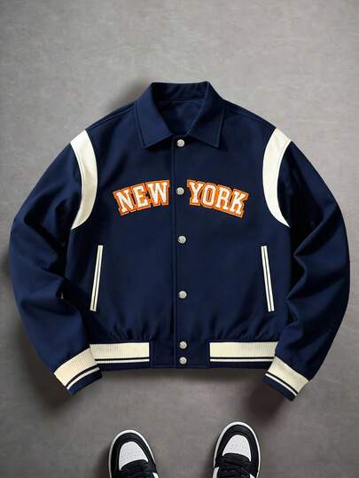 Men's Contrast Color Patchwork Varsity Sports Outdoor Fashion Letter Embroidered Full Zip Long Sleeve Baseball Jacket And Coat, Essential Autumn/Winter Outerwear