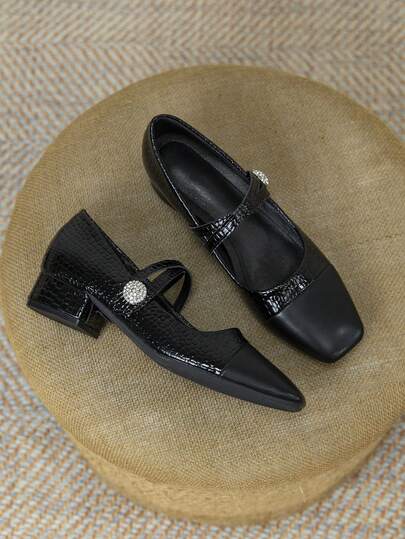 Sepatu Slip-On Wanita Warna Blok Buatan Tangan dengan Hak Rendah, Sepatu Kulit Super Lembut dengan Hak Tebal, Alas Kaki Nyaman untuk Semua Musim