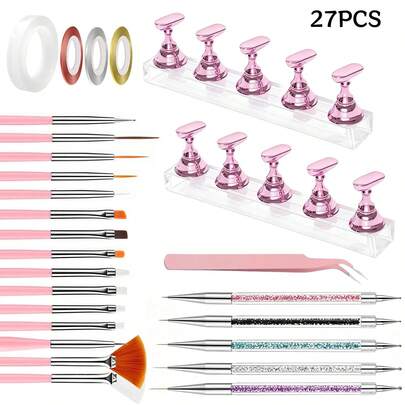 Multi Function Nail Art Set 27 Pieces Drawing Brushes Dotting Tools Nail Practice Holders Tweezers Manicure Supplies For Home Salon Nail Decoration