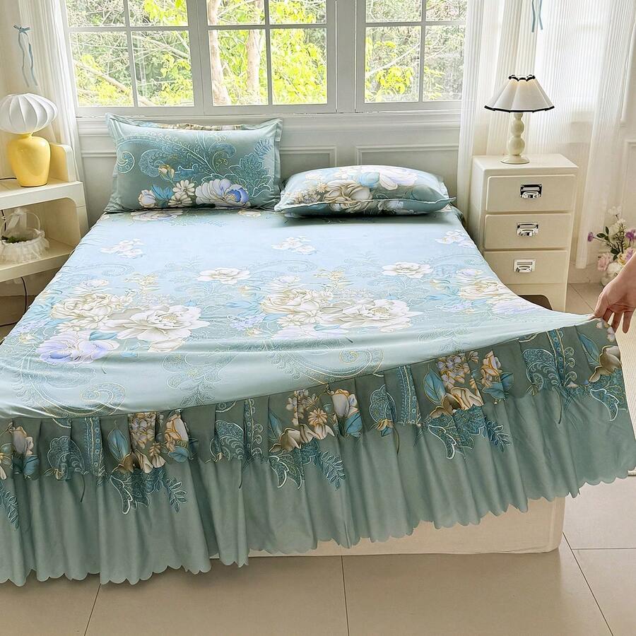 3pcs New Printed Ruffle Edge Christmas Green, Peony Flower, Soft Comfortable Breathable Bed Skirt Set (Bed Skirt*1, Pillowcase*2, Pillow Core Not Included) Bed Skirt Bed Cover Bed Sheet Mattress Protector Double Layer Ruffle Edge Decoration Cozy Room, Hot-Selling Style Machine Washable, Multiple Sizes Available, All Seasons Use, Holiday Gift, Made In China - Mint Green - View 1