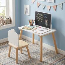 Weaning Table & Chair Set W/Chalkboard Brush Pot For Drawing Learning Mealtime White & Natural - White - View 4