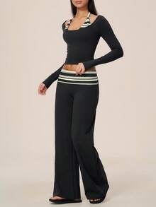 TimeOff Women's One Set Autumn/Winter Striped 2 In 1 Patchwork Oversized Scoop Neck Halter Long Sleeve Folded Waist Wide Leg Pants Sportswear Set - Black - View 8