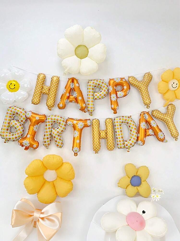 1/6/7pcs Daisy Happy Birthday Balloon Kit, Polka Dot Letter & White Daisy Foil Balloons For Baby Shower Birthday Party Decor - Multicolor - View 1