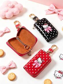SANRIO Hello Kitty Print Universal Polka Dot Glossy Car Key Holder Zipper Pouch With Inner Chain & Gold Clip Hook, Anti-Scratch Key Fob Cover Case - Multicolor - View 7
