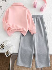 2pcs/Set Girls Outfit, Includes Half-Zip Casual Printed Sweatshirt And Minimalist Wide-Leg Pants, Suitable For Autumn/Winter Holiday/Outing Wear - Pink - View 3