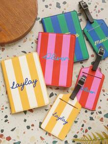 2pcs Set Customized Name Travel Passport Cover And Luggage Tag, RFID Anti-Theft, UV Printed Colorful Stripes, Travel Document Accessories, Travel Gift - Multicolor - View 3