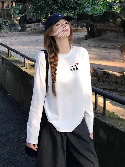 Mucent ミニハートロゴ t シャツ 長袖夏服レディース ファッション t シャツオフィスカジュアル 220 グラム綿 ハートレター M プリント ゆったりトップスキュートレディース トップス