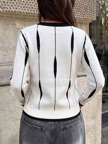 Women's French Minimalist Line Jacquard Knit Cardigan, Round Neck Contrast Ribbed Trim Long Sleeve, Versatile Short Cardigan For Early Autumn Casual Outings - Black and White - View 2