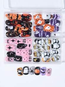 96pcs Y2K Style Halloween Cartoon Little Girl Press-On Artificial Nails, Full Coverage Short Kids Fake Nails Set, Girls Gift, Nail Art Decoration, Holiday Nail Set - Multicolor - View 4