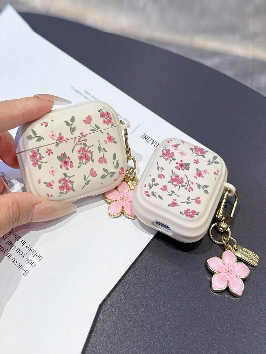 1pc Cute Pink Flower Earphone Case Compatible With AirPods Pro 3, Anti-Drop Protective Shell For Pro 2, Cute 3, Cream White 2, With Pink Flower Keychain, 4