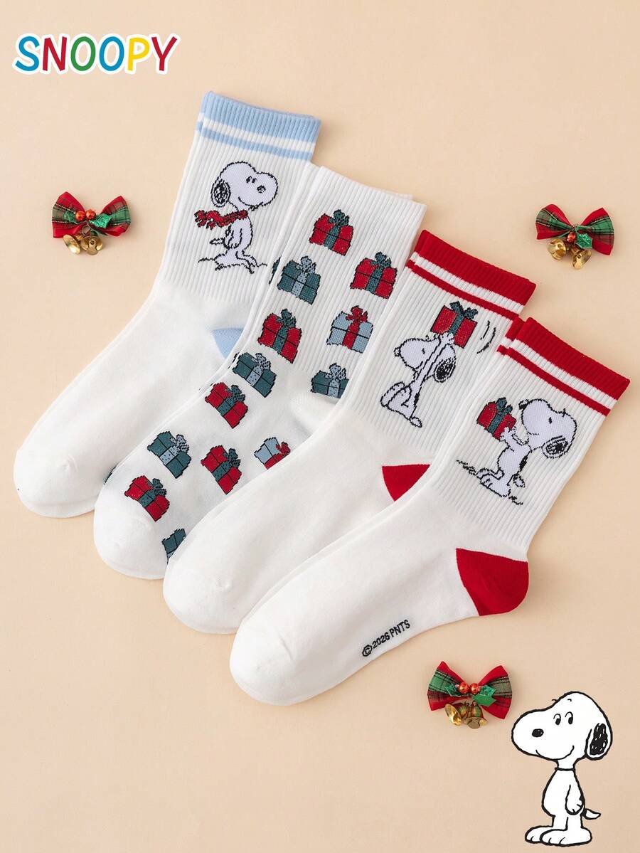 4 Pairs SNOOPY Series Authentic Puppy Christmas Gift Pattern Fun Personalized Cartoon Women's Mid-Calf Socks, Unisex - Multicolor - View 1
