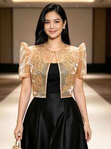 蝴蝶袖 Filipiniana 風格女款優雅花瓣袖亮片圖案短袖上衣 - 金色 - 查看 2