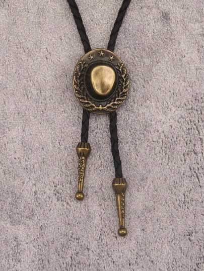 1 buah Kalung Panjang Kulit Hitam Pria Gaya Hip Hop, Gaya Koboi Barat Vintage dengan Liontin Bulat Timbul Bintang dan Telinga Gandum, Kalung Tali Bolo, Aksesori Logam Ukiran Perunggu, Perhiasan Keren untuk Halloween, Natal, dan Ulang Tahun