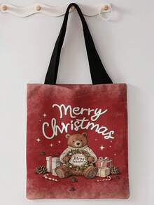 1pc Christmas Bear Print Canvas Tote Bag, Large Capacity Hand‑Held Shoulder Bag,Reusable Shopping Bag For Music Festival Party Daily Packing Books - Multicolor - View 7