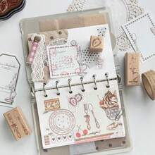 Vintage Wooden Rubber Stamps Set, Fountain Umbrella Candle Strawberry Pattern Wood Seal For Journal Scrapbooking Card Making DIY Craft Decor,Multipurpose Stamps - Multicolor - View 7