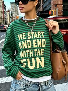 Women's New Arrival Bestselling Casual Striped Graphic Print Loose Pullover Sweatshirt - Green - View 2