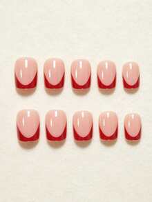 24pcs Summer Short Square Elegant Burgundy Edge Striped French Nude Pink Glossy Artificial Nails, Fashionable & Versatile For Dates, Parties, Spring/Summer, Suitable For Women & Girls, Autumn/Winter Daily Wear, Removable Press-On Nails Set With Jelly Gel And File Included, Random Jelly Gel Color - Burgundy - View 4