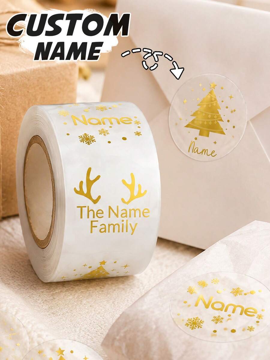 30-240pcs Custom Clear Christmas Name Stickers, Personalized Golden Holiday Gift Labels, Festive Christmas Tree Style, Customized Transparent Stickers, Gift Wrapping Decor, Customizable Name Seals, Christmas Party Favors, Christmas Gifts, Family - Multicolor - View 1