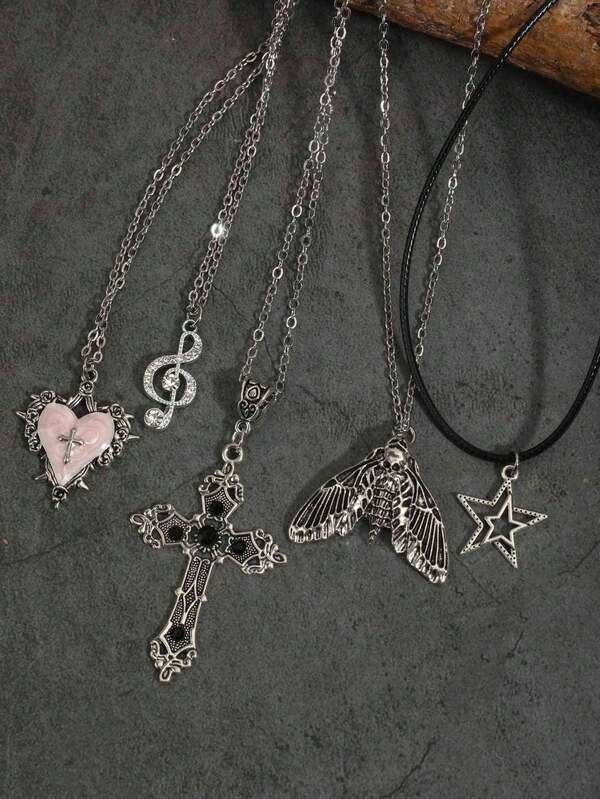 5pcs Vintage Gothic Dark Style Personalized Thorn Rose Cross Heart Skull Moth Music Note Rhinestone Star Rope Necklace Set For Women, Halloween