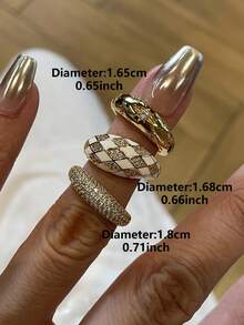 3er Set elegante luxuriöse geometrische Öltropfen-Stapelringe mit kubischem Zirkonia, offen, geeignet für den täglichen Gebrauch und Anlässe von Frauen - Goldgelb - Übersicht 3