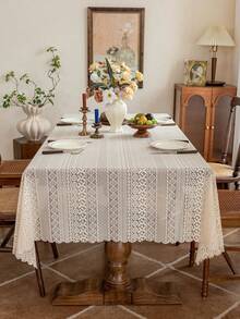 1pc Lace Tablecloth, Scalloped Hem Decor, Polyester Fabric, Jacquard Floral Pattern, Rectangular Square Round Tablecloth, Suitable For Patio Garden Tea Table Dining Room Living Room Tabletop Decoration - Apricot - View 9