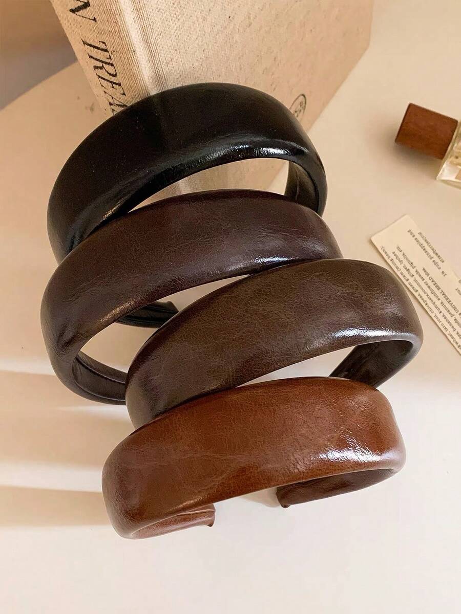 Early Autumn Coffee Color Vintage Glossy Leather Wide Headband For Women, High Crown Hair Accessory, 2026 Autumn New Style - Multicolor - View 1