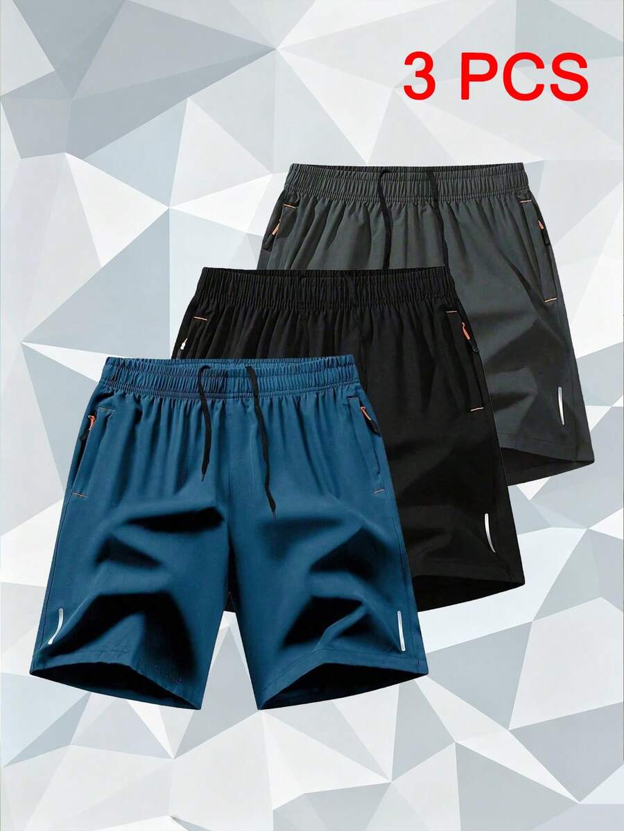 3pcs Men's High-Performance Casual Loose Quick-Dry Sports Shorts, With Reflective Strip Design, Pockets, Waist Zipper Drawstring, Soft And Lightweight Suitable For Training And Sports